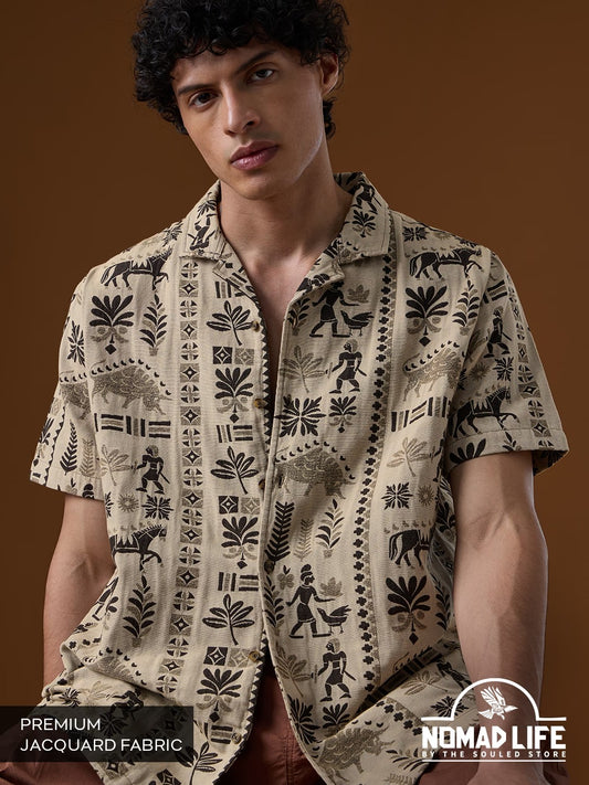 Shonics Men's Tribal Heritage Jacquard Printed Cuban Collar Half Sleeve Shirt – Premium Oversized Casual Resort Shirt