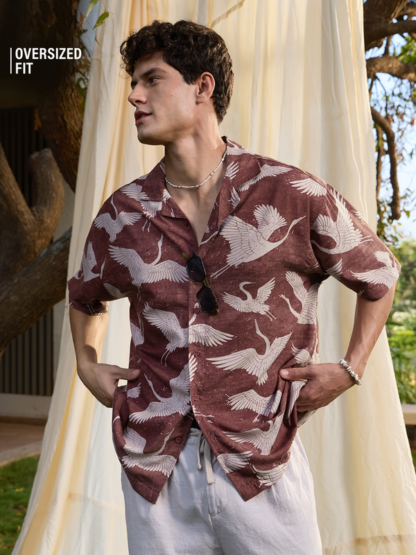 Shonics Men's Crane Bird Printed Oversized Cuban Collar Half Sleeve Shirt – Premium Casual Summer Resort Shirt