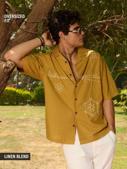 Shonics Men's Minimal Embroidered Oversized Cuban Collar Half Sleeve Shirt – Premium Linen Blend Casual Summer Shirt