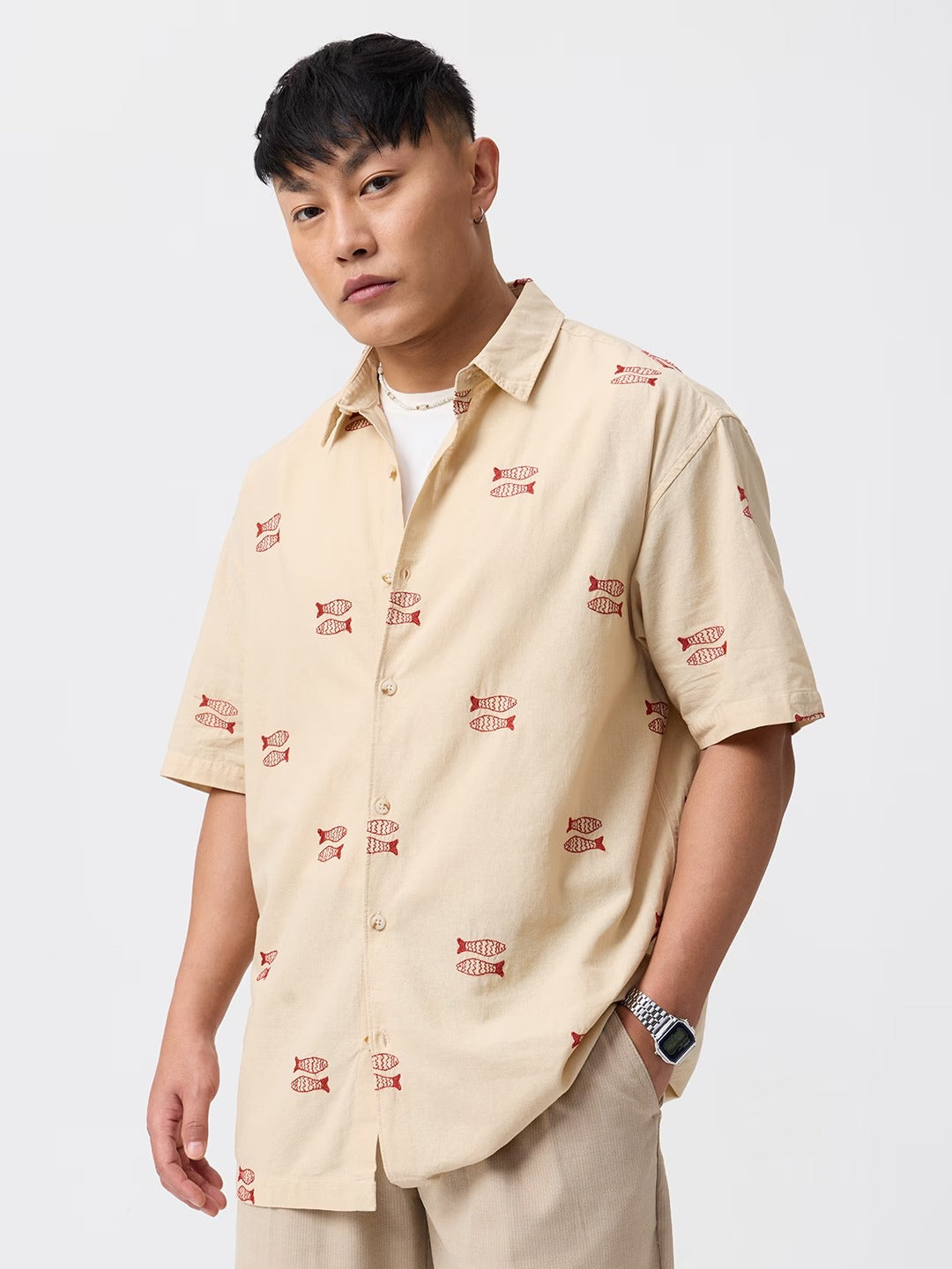 Shonics Men's Minimal Fish Embroidered Oversized Casual Half Sleeve Shirt – Premium Cotton Blend Summer Shirt