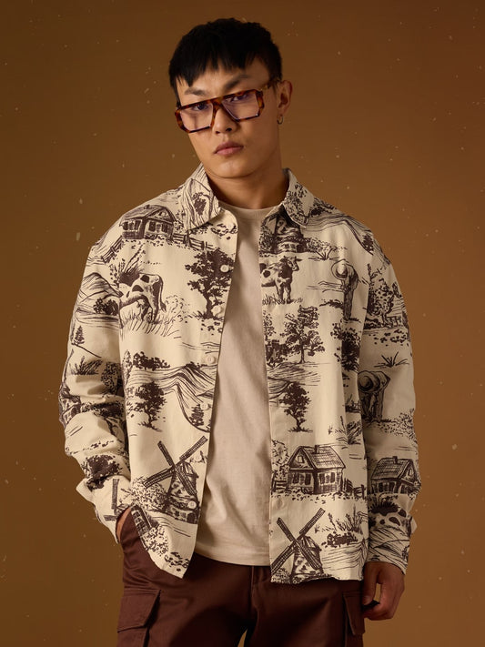 Shonics Men's Vintage Countryside Scenic Printed Oversized Casual Shirt – Premium Full Sleeve Button-Down Cotton Blend Shirt