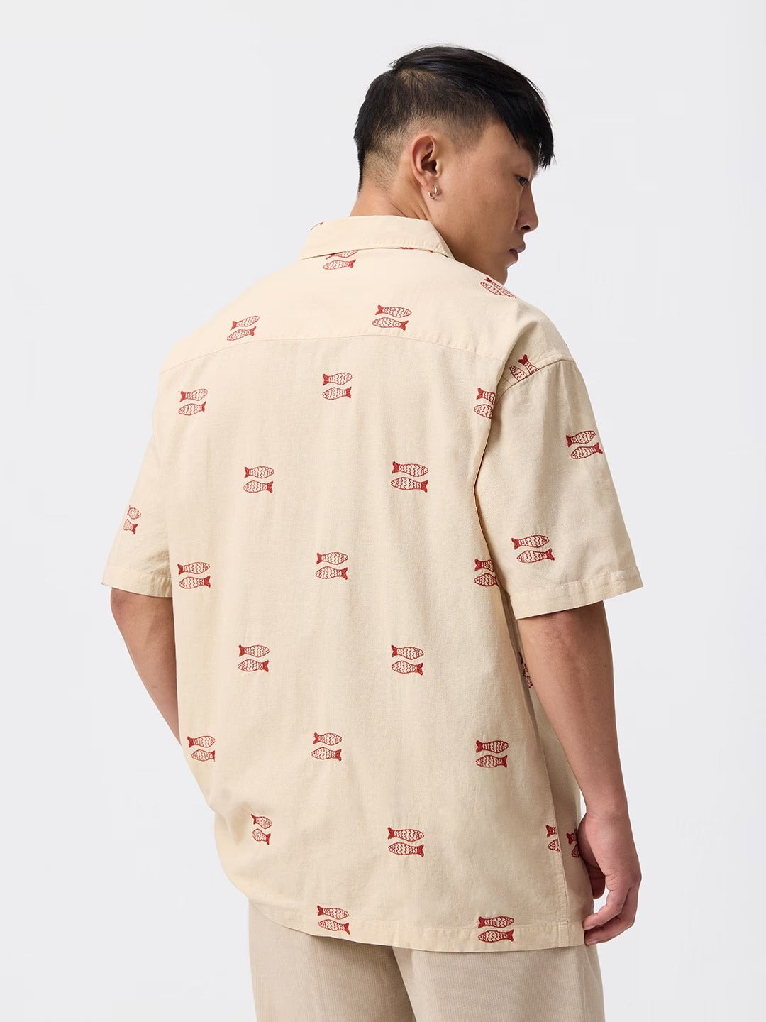 Shonics Men's Minimal Fish Embroidered Oversized Casual Half Sleeve Shirt – Premium Cotton Blend Summer Shirt