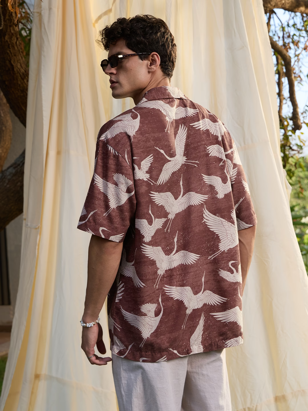 Shonics Men's Crane Bird Printed Oversized Cuban Collar Half Sleeve Shirt – Premium Casual Summer Resort Shirt