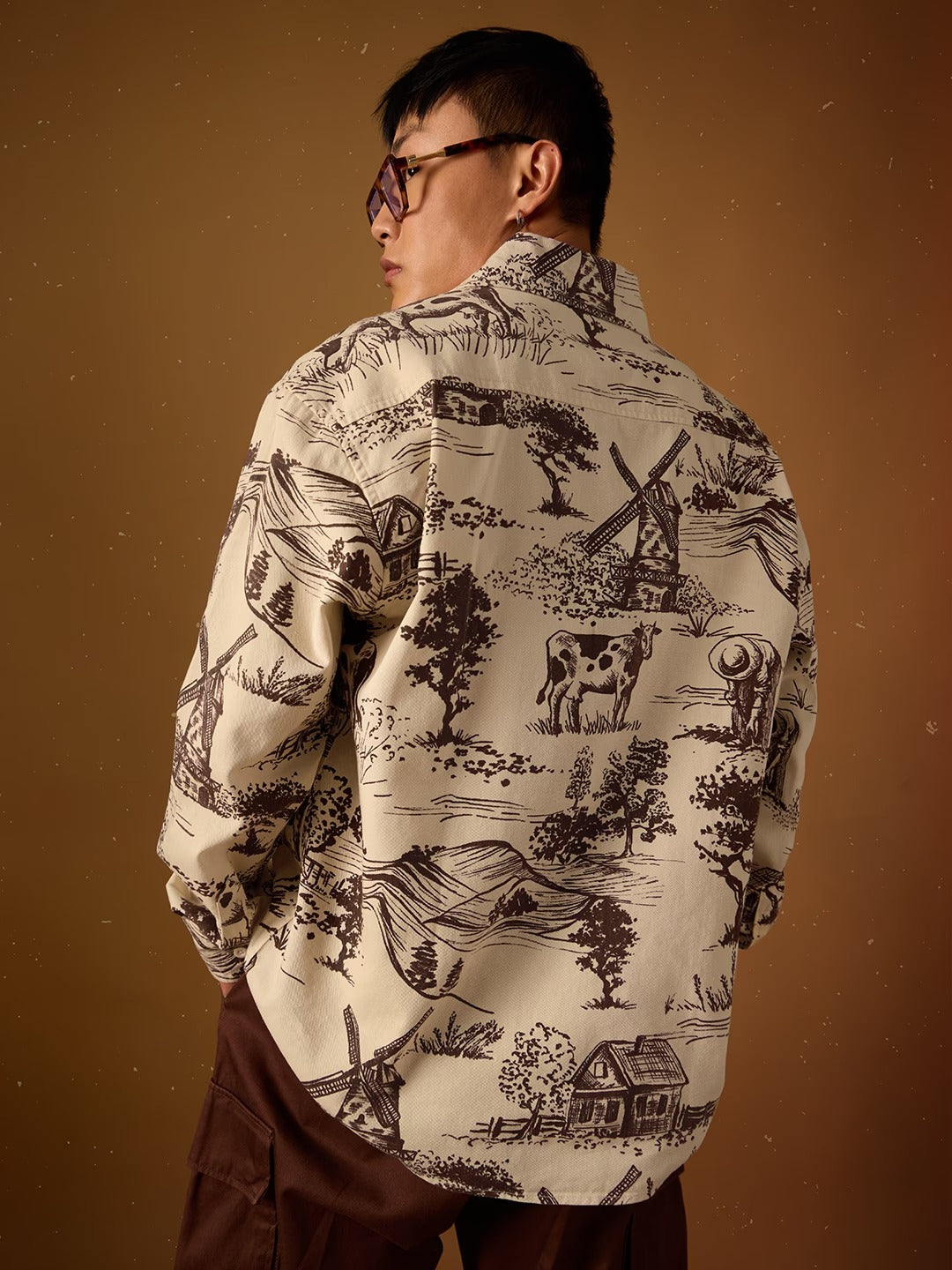 Shonics Men's Vintage Countryside Scenic Printed Oversized Casual Shirt – Premium Full Sleeve Button-Down Cotton Blend Shirt